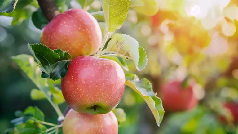 dat_three-apples-hanging-from-a-tree-with-leaves_46287597.webp