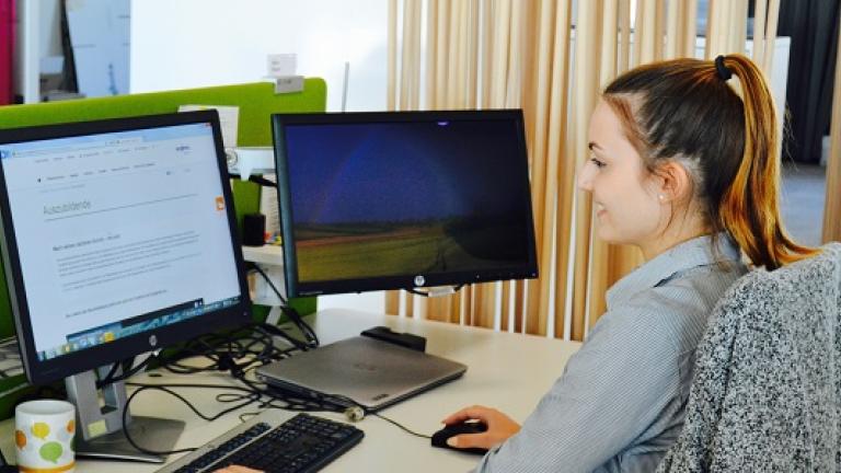 Frau am Schreibtisch arbeitet am Computer